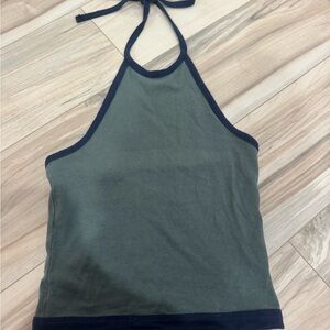 American Eagle Outfitters Olive Halter Top with Navy Trim